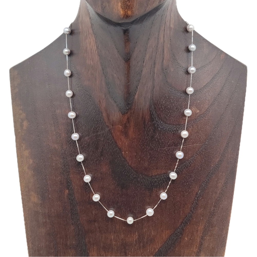 14k/585 White Gold Pearl Station Necklace Box Link Chain 17"